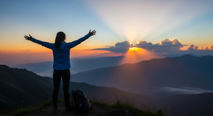 Fototapeta premium A lone figure celebrates freedom and personal triumph on a mountain summit, arms outstretched towards a vibrant sunrise over breathtaking panoramic landscape