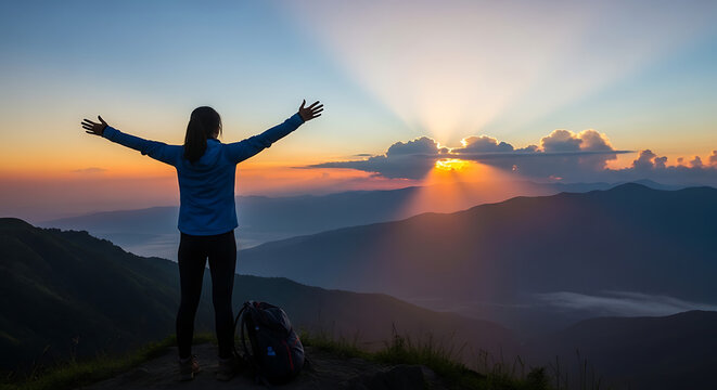 A lone figure celebrates freedom and personal triumph on a mountain summit, arms outstretched towards a vibrant sunrise over breathtaking panoramic landscape