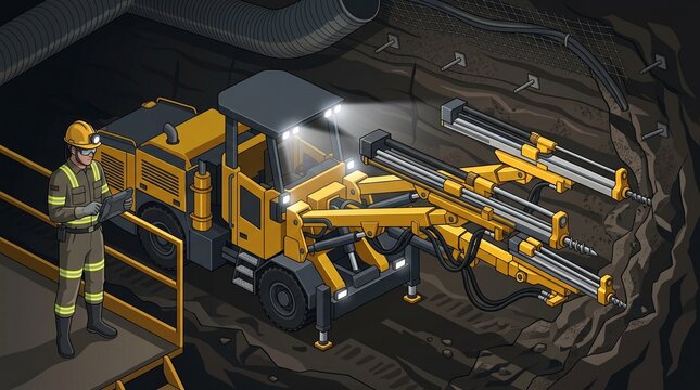 A worker operates an underground mining drill rig in a dark tunnel.
