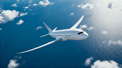 Naklejka premium White airplane Boeing 787 passenger jet cruising over the deep blue sea under patchy clouds, photographed from an elevated front right side angle displaying the sleek aircraft nose and wings.
