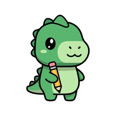 Fototapeta premium Cute Cartoon Dinosaur Holding Pencil, Green Character Illustration