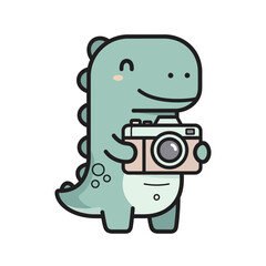 Fototapeta premium Cute Cartoon Dinosaur Photographer on White Background