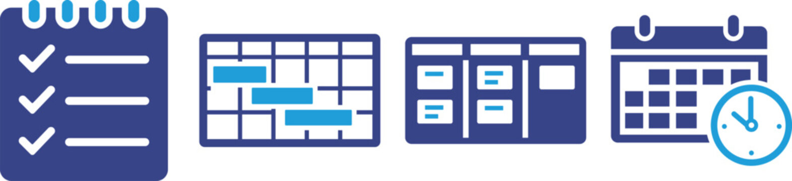 Project management flat icons set featuring checklist, Gantt chart, Kanban board and deadline calendar for task planning, scheduling, workflow and productivity apps