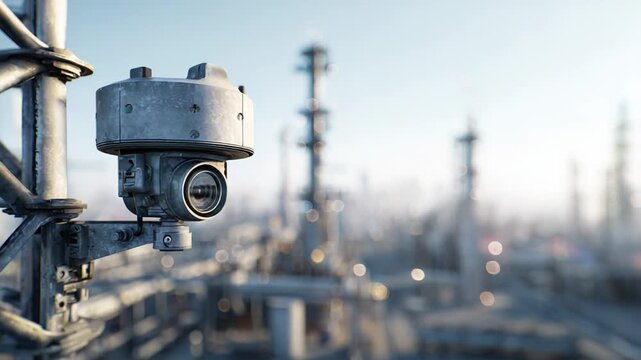 Industrial security camera providing vigilant outdoor monitoring and protection over a large refinery or manufacturing plant area, ensuring safety and operational integrity