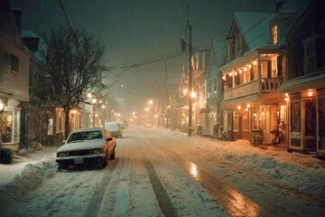 Fototapeta premium a snowy street in a town at night.