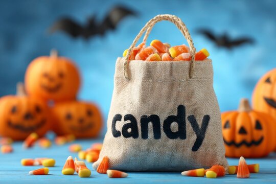 halloween themed candy bag with candy text on a blue background