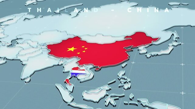 a futuristic 3D map showing part of China, flag of China, China map, chinese, Thailand flag, Thailand map,