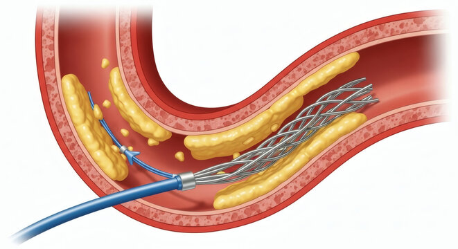 Medical illustration of coronary artery stent placement for plaque