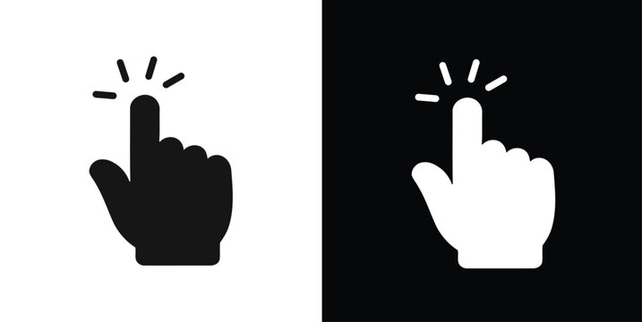 Hand click icon set, solid black and white pointer finger with clicking rays, flat vector cursor icons isolated for web and mobile UI.