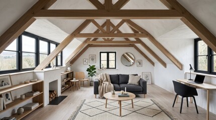 Fototapeta premium Cozy attic living room with exposed wooden beams and large windows offering scenic views