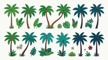 Fototapeta premium Collection of tropical palm trees and exotic leaves in flat style
