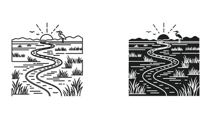 Fototapeta premium Vector illustration of a winding river landscape with a heron standing at sunrise or sunset with grass and birds flying overhead in a scenic natural setting