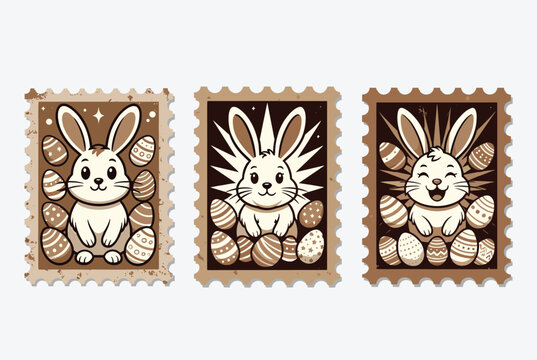 Three vintage-style postage stamps featuring cute Easter bunnies surrounded by decorated eggs in a warm brown monochrome palette.