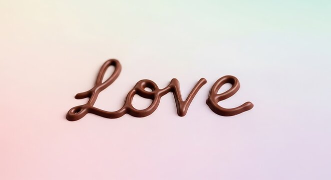Chocolate love word in cursive script, sweet cocoa lettering on pastel gradient background, romantic food typography for Valentine's Day