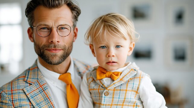 A sophisticated portrait capturing a stylish father holding his son, both dressed in matching formal outfits that exude elegance and charm amidst a tasteful interior setting.