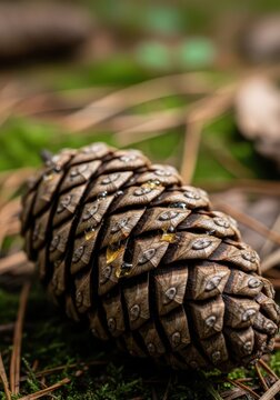 Macro Close-up of a Pine Cone with Resin Droplets on a Forest Floor with Moss and Pine Nee