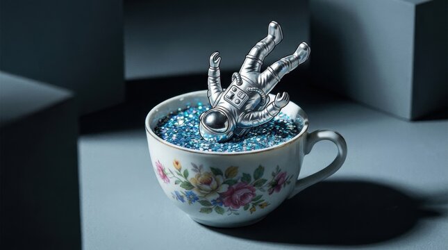 Shiny metallic toy astronaut figurine floating upside down inside a vintage floral porcelain teacup filled with sparkling blue glitter against a dark geometric backdrop.