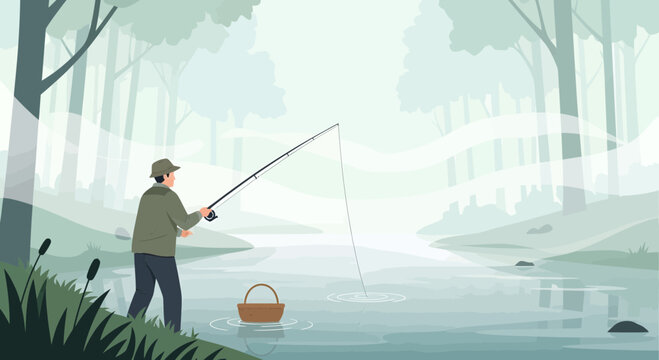 Man fishing by river with basket.