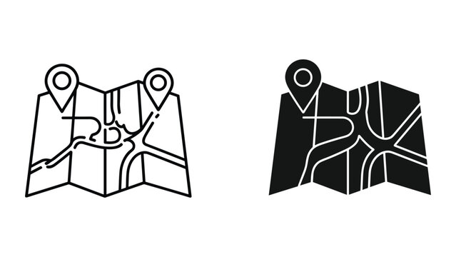Vector illustrations of two black and white map icons with location pins on a white background