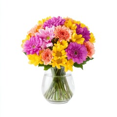 Obraz premium Colorful Floral Arrangement in Clear Glass Vase with Vibrant Gerbera Daisies and Chrysanthemums for Bright Decor