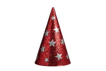 Fototapeta premium Red glittering party hat with silver stars, celebrating birthdays, holidays, and festive events on transparent background