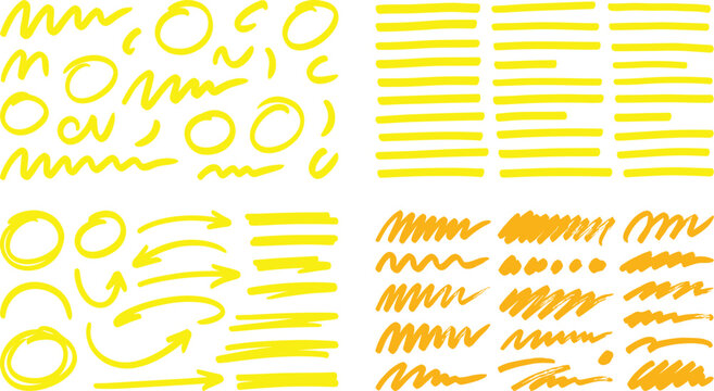 Collection of hand-drawn yellow highlighter pen marks, arrows, circles, and marker strokes set on a clean white background for design emphasis.