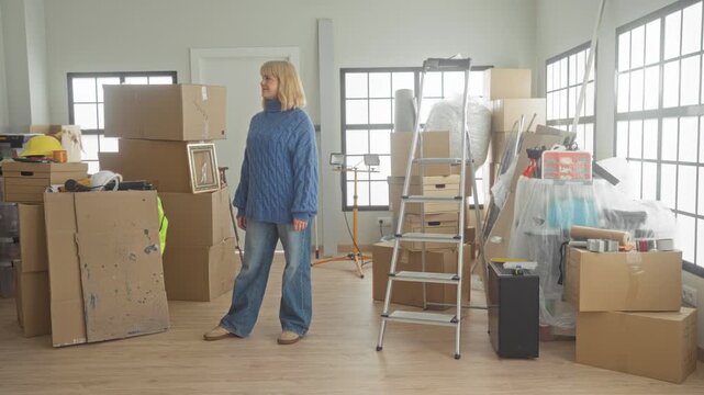 Woman standing with hands at sides amid stacked cardboard boxes, bubblewrap and an aluminum ladder in a bright studio room, looking slightly to the side; transition.