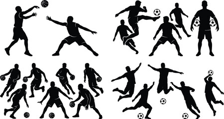 Dynamic set of black silhouettes featuring basketball and soccer players in various action poses like kicking and dribbling. © MdAbdur