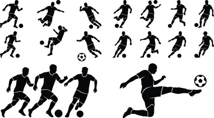 Large collection of black soccer player silhouettes showing dynamic actions like kicking, running, and dribbling for sports design. © MdAbdur
