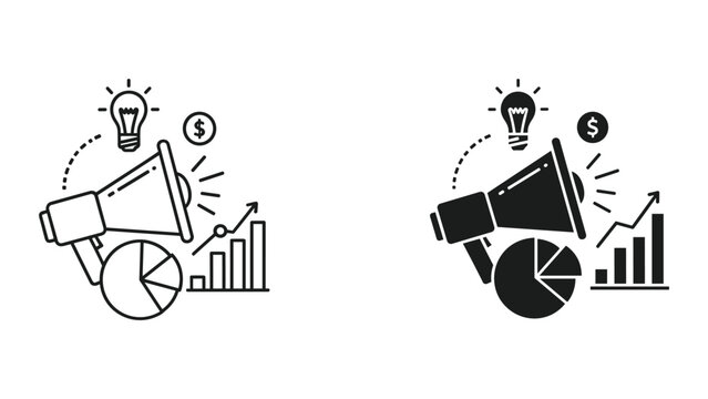 Business growth and finance concept with megaphone, light bulb, pie chart, and bar graph on white background