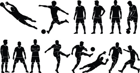 Large collection of professional soccer player silhouettes featuring goalkeeper dives kicking actions standing poses dribbling and shooting isolated on white background © MdAbdur