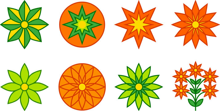 Geometric Flower and Star Badge Vector Set Featuring Green and Orange Floral Mandalas Rosettes and Sharp Starburst Symbols for Retro Graphic Designs
