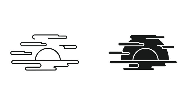 Vector illustration of sun setting behind clouds in line art style with black and white color scheme