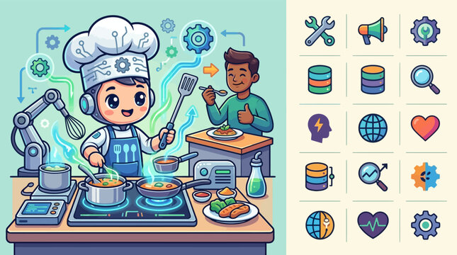 Vector illustration of a cute chibi AI robot chef cooking in a smart kitchen with a robotic arm assistant, while a human eats and gives a thumbs up, including various tech icons.