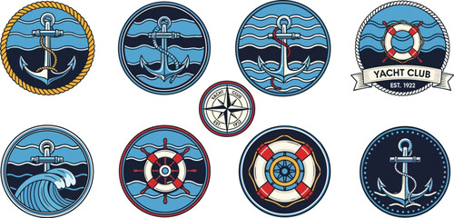 Nautical Vintage Yacht Club Badge Set with Anchor Steering Wheel Lifebuoy and Wave Vector Emblems © Kamal