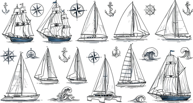 Vintage Hand Drawn Yacht and Sailboat Vector Illustration Set with Nautical Anchor Compass and Wave Elements