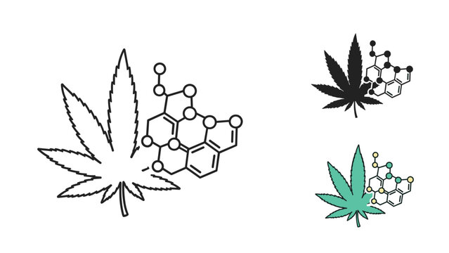 Cannabis leaf alongside a molecular chemical structure to represent marijuana research, medical thc, or hemp oil products.