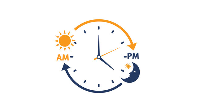 Clock face surrounded by sun and moon icons with am and pm labels to illustrate twenty four hour service and daily schedule.