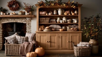 Fototapeta premium Cozy autumn farmhouse interior with pumpkins and rustic decor