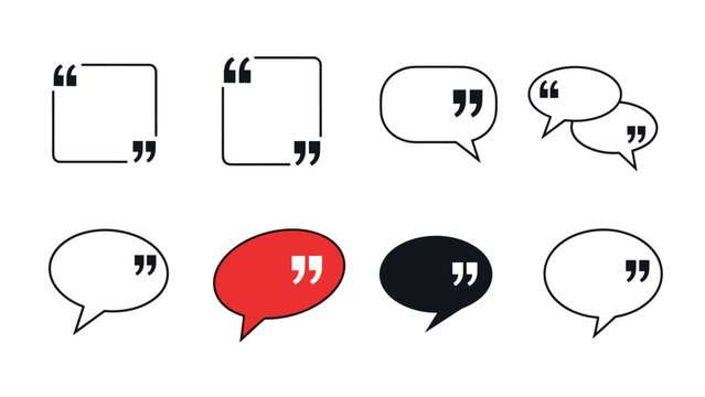 Selection of eight different quote mark and speech bubble icons in various styles for testimonials, comments, and conversation.