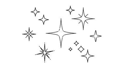 Obraz premium Collection of various four pointed star and sparkle icons in a simple black line style for decorative use.