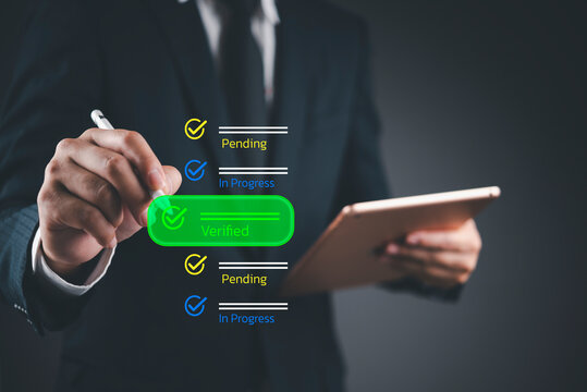 Businessman Using Digital Workflow Management UI for Verified Compliance and Approval