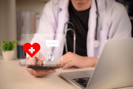 Doctor using smartphone telemedicine app hologram interface online consultation