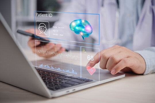 Doctor Using AI for Neurology Brain Mapping and Digital Patient Medical Data Analysis