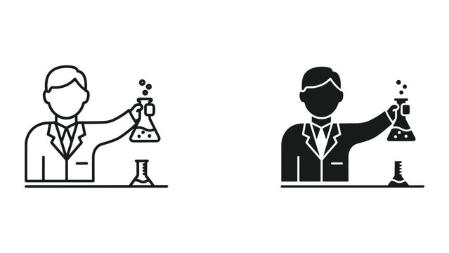Two scientists in lab coats holding beakers with chemicals on white background