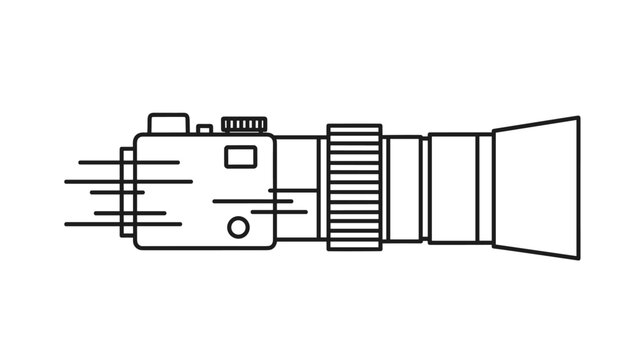 Modern camera with a powerful telephoto lens and speed lines representing action and fast photography.