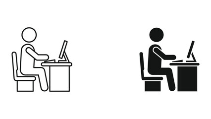 Fototapeta premium Two simple stick figure illustrations of people working on computers in different styles