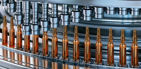 Obraz premium Drug manufacturing process. Automated conveyor line: medical ampoules at a pharmaceutical plant. Industrial filling machine, pharmacology production, medicine industry, vaccine development, pharmacy
