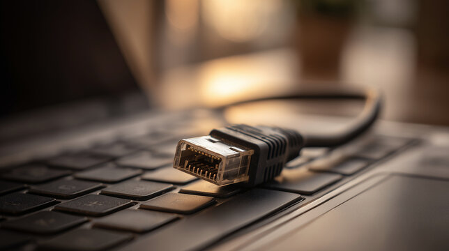 Low-angle close-up of RJ45 network connector resting on laptop keyboard with warm bokeh lighting