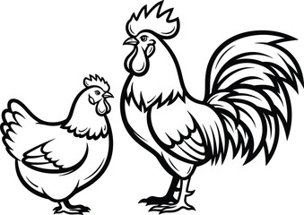 Rooster and Hen Poultry Farm Animal Outline Vector Illustration Set for Kids Coloring Book Pages, Agricultural Product Branding, and Organic Butcher Shop Logos © Kamal